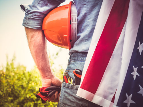 repairman holding flag.