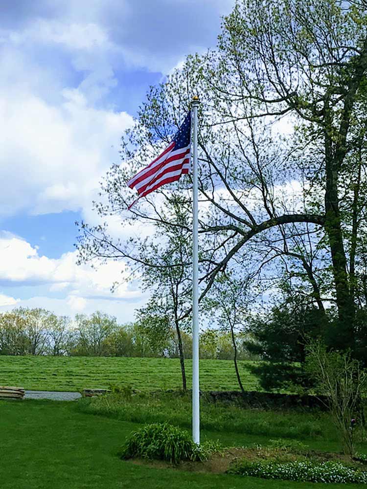 Flagpole in a yard.